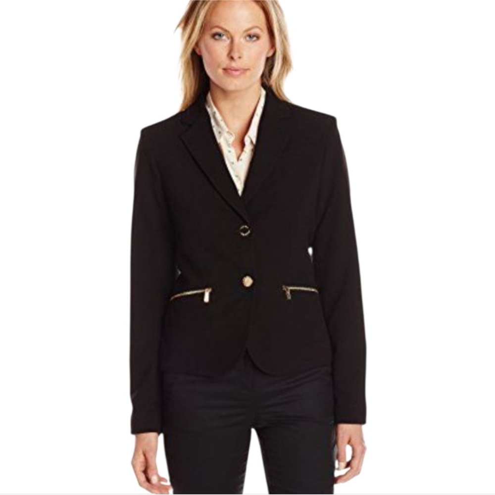 TAHARI Black Blazer With Gold Zipper Pockets Women’s 8 Petite - Picture 1 of 12